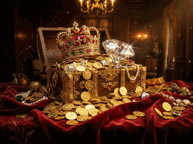 VIP treasure chest with gold coins, crown and diamonds